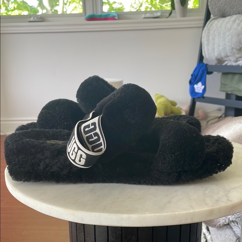 UGG Black Fuzzy Slippers